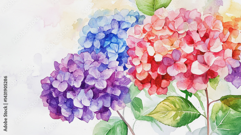 Fototapeta premium Elegant wedding invitation card background . Minimal hand painted watercolor Hydrangea flowers texture template background. Design for wedding, vip cover, poster, rsvp moderncard.Valentine's Day