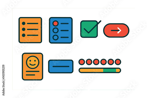 Flat vector icons of survey basics: question list, radio buttons, checkbox field, submit button, feedback form, short answer box, opinion scale, progress bar.