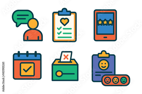 Flat vector icons of types of surveys: customer feedback, market research, employee satisfaction, product rating, event survey, exit poll, experience score, net promoter score.