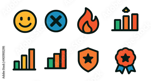 Flat vector icons of quiz difficulty levels: easy quiz smiley, medium bar, hard mode icon, extreme level flame, level selector, quiz rank icon, challenge badge, quiz difficulty scale.