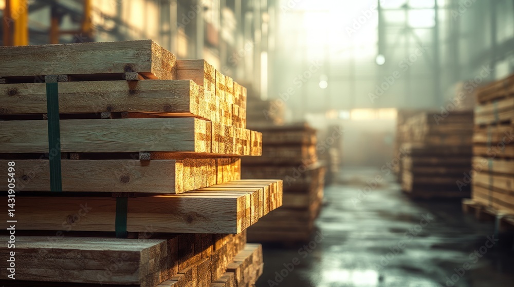 Obraz premium Piled lumber in a warehouse