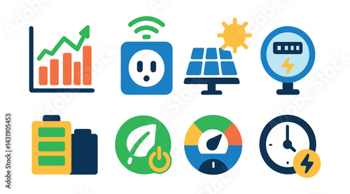 Flat vector icons of smart energy management: power usage chart, smart outlet, solar panel icon, smart meter, battery storage icon, energy-saving mode, eco score, consumption timer.