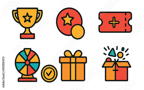 Flat vector icons of lottery prize levels: grand prize, second tier prize, bonus reward, daily mini draw, scratch win coin, prize box icon, surprise gift icon, prize claim badge.