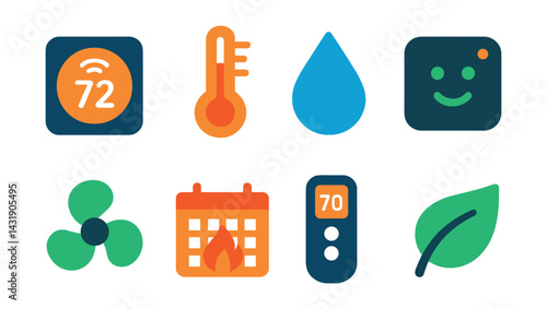 Flat vector icons of smart climate control: smart thermostat, room temperature sensor, humidity icon, air quality monitor, fan speed control, heating schedule, AC remote, energy efficiency leaf.