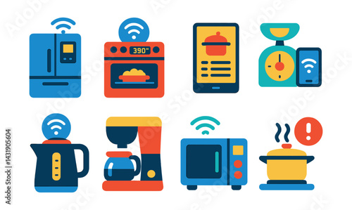 Flat vector icons of smart kitchen appliances: smart fridge, connected oven, recipe display, kitchen scale with app, smart kettle, coffee maker icon, voice-controlled microwave, cooking alert.