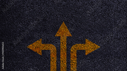 Arrows on asphalt road ground with three direction arrow choices, left, right or move forward, difficult decision making concept, Motivation and growth.