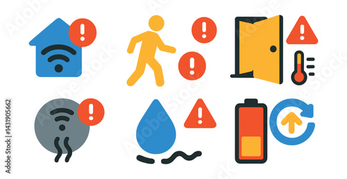 Flat vector icons of smart home notifications: device offline alert, motion detected, door open icon, temperature warning, smoke alarm, water leak alert, battery low icon, system update.