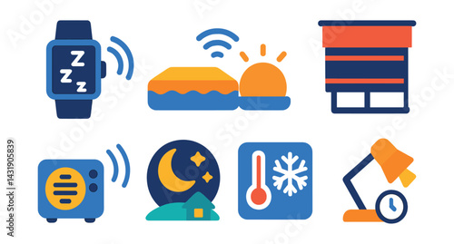 Flat vector icons of smart bedroom automation: sleep tracker, smart mattress, wake-up light, blackout blinds icon, white noise machine, night scene icon, climate control, reading lamp timer.