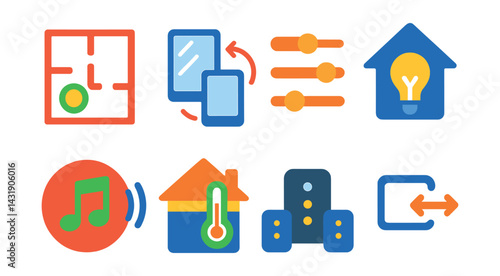 Flat vector icons of multi-room control: room zone icon, sync devices button, group control slider, whole-home lighting, audio sync symbol, multi-room climate icon, smart speaker network, status sync.