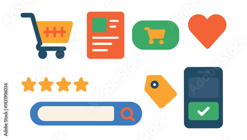 Flat vector icons of online shopping basics: shopping cart, product page, add to cart button, wishlist heart, product rating stars, search bar, price tag, checkout screen.
