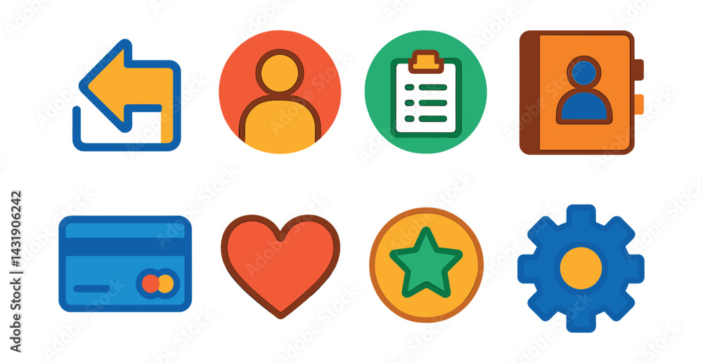 Flat vector icons of user accounts: login icon, user profile, order history, address book, payment methods, saved items, loyalty points, account settings gear. Flat vector icons of user accounts: login icon, user profile, order history, address book, payment methods, saved items, loyalty points, account settings gear.