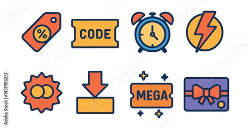 Flat vector icons of discounts and promotions: sale tag, coupon code, limited-time offer clock, flash sale icon, buy one get one badge, price drop arrow, mega sale icon, voucher gift card.