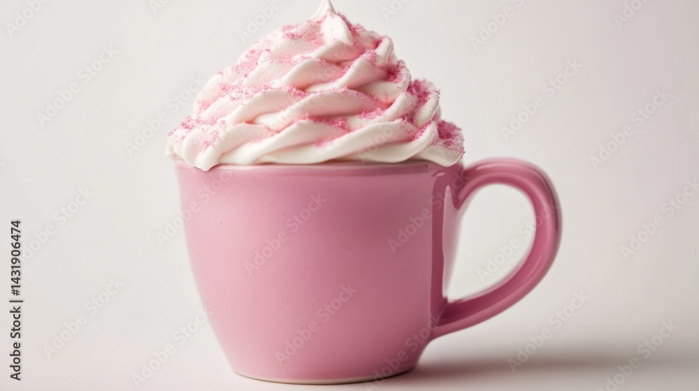 Pink mug filled with pink whipped cream against a white background. Pink mug filled with pink whipped cream against a white background.
