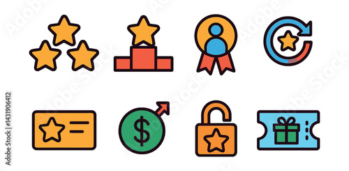 Flat vector icons of loyalty and rewards: star points, reward tier, member badge, referral bonus, loyalty card, cashback icon, milestone unlocked, promo redemption.