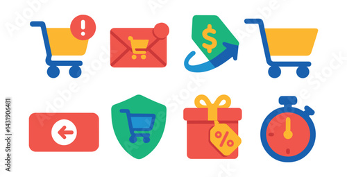 Flat vector icons of abandoned cart recovery: cart reminder alert, email notification, recover discount, abandoned cart icon, return to checkout button, auto-save cart, promo offer, urgency timer.