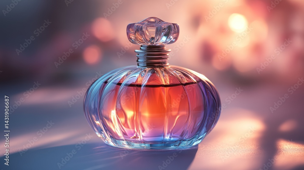 Glass perfume bottle with liquid on a surface with blurred background lights. Glass perfume bottle with liquid on a surface with blurred background lights.