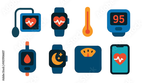 Flat vector icons of health monitoring: blood pressure cuff, heart rate sensor, thermometer, pulse oximeter, glucose meter, sleep tracker, weight scale, health app.