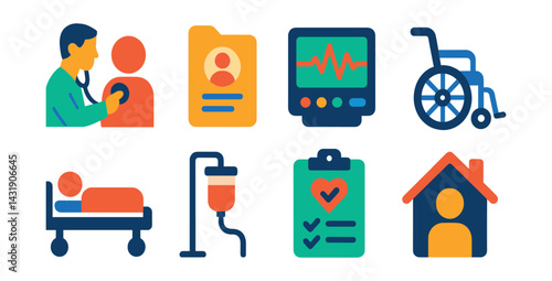 Flat vector icons of patient care: medical checkup, patient file, vital signs monitor, wheelchair, hospital bed, IV drip, care plan, home visit.