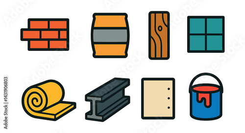 Flat vector icons of building materials: brick, cement bag, wood plank, tile, insulation roll, metal beam, drywall panel, paint can.