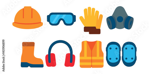 Flat vector icons of protective equipment: hard hat, safety goggles, work gloves, respirator mask, safety boots, hearing protection, reflective vest, knee pads.