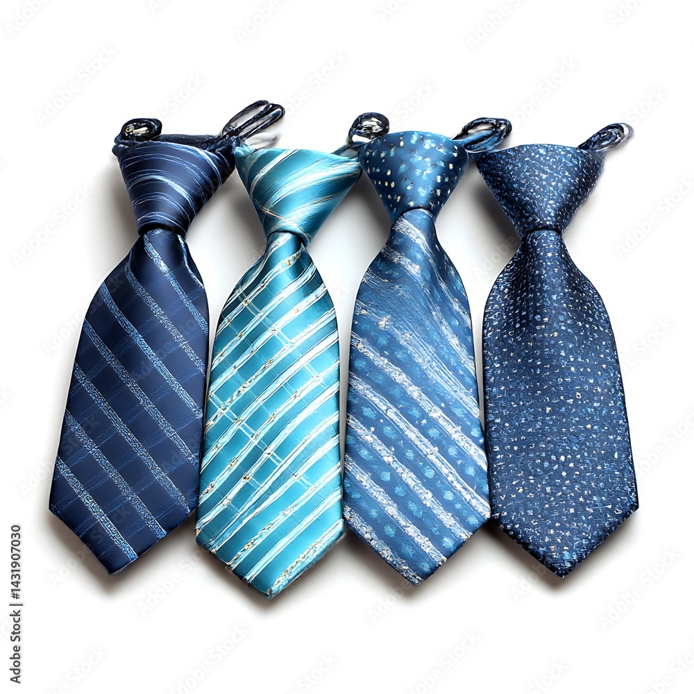 A set of four men's clip-on ties in various shades of blue and patterns, isolated on a white background A set of four men's clip-on ties in various shades of blue and patterns, isolated on a white background