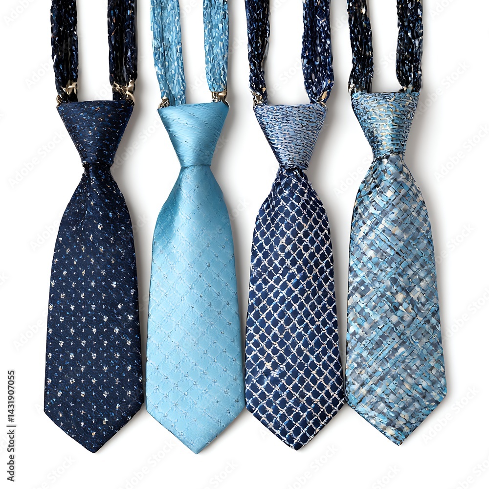 A set of four men's clip-on ties in various shades of blue and patterns, isolated on a white background A set of four men's clip-on ties in various shades of blue and patterns, isolated on a white background