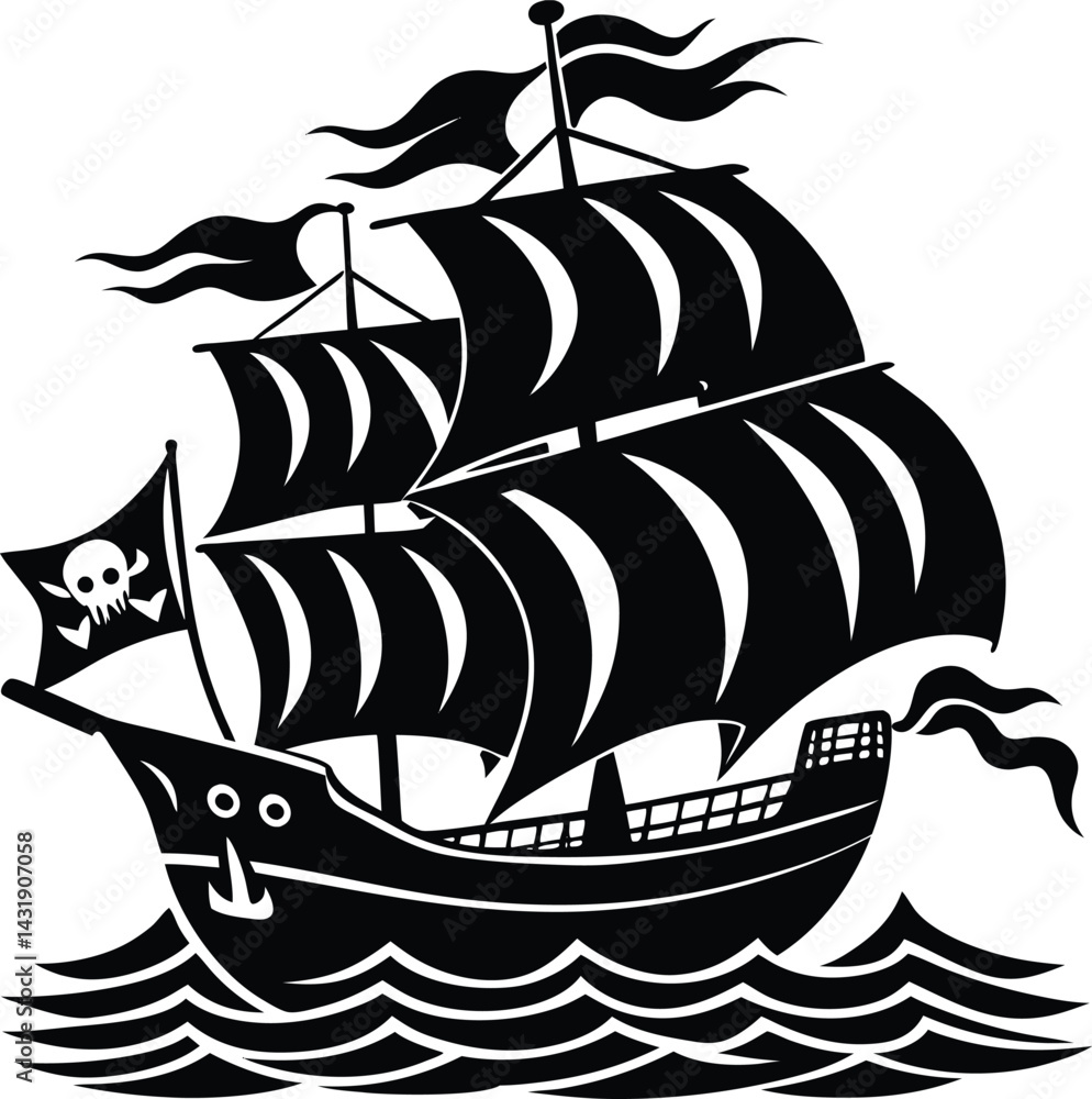 Fototapeta premium Pirate Ship Silhouette Vector | Vintage Sailing Vessel Design