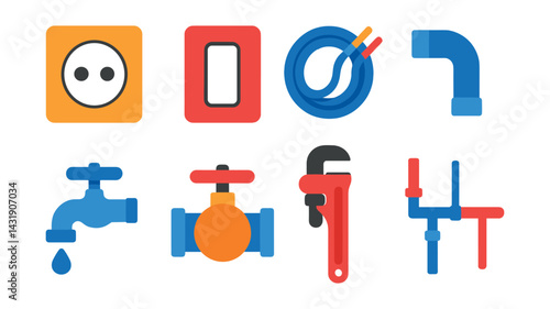 Flat vector icons of electrical and plumbing supplies: outlet socket, switch, electric cable, water pipe, faucet, valve, pipe wrench, plumbing diagram.
