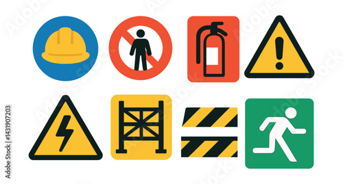 Flat vector icons of safety signage: hard hat required, no unauthorized entry, fire extinguisher sign, warning triangle, electric hazard icon, scaffolding caution, danger tape, exit sign.