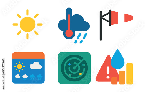 Flat vector icons of weather apps: sunny icon, rainy cloud, temperature gauge, wind meter, weekly forecast, weather radar, storm alert, humidity chart.