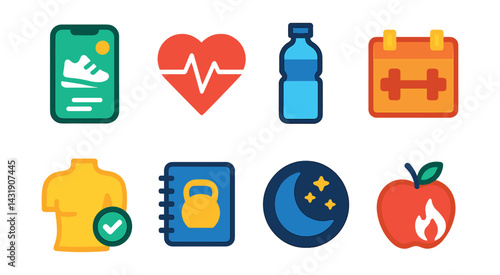 Flat vector icons of fitness and health apps: step counter, heart rate monitor, water intake tracker, workout calendar, body progress icon, gym log, sleep cycle icon, calorie counter.