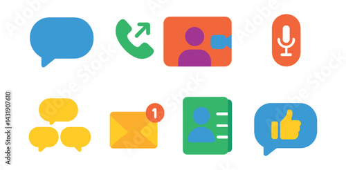 Flat vector icons of communication apps: message bubble, call log icon, video call screen, voice recorder, group chat icon, inbox with notification, contact list, message reaction.