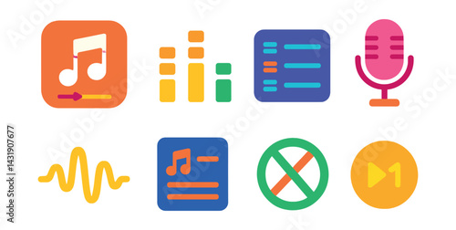 Flat vector icons of music and audio apps: music player, equalizer bars, playlist icon, podcast mic, soundwave, lyrics screen, offline mode icon, playback speed.