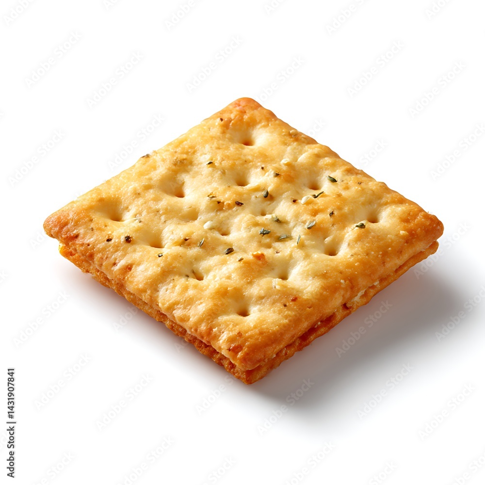 A single, square cracker with visible seasonings, isolated on a clean white background A single, square cracker with visible seasonings, isolated on a clean white background