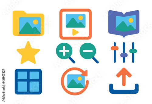 Flat vector icons of photo gallery apps: image folder, slideshow icon, album icon, favorite star, zoom in/out, image filter bar, grid layout, recent uploads icon.