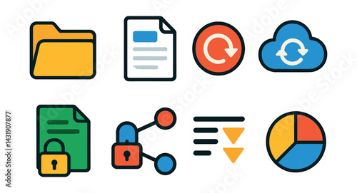 Flat vector icons of document and file manager apps: folder icon, document viewer, recent files, cloud sync icon, file lock, file share icon, sort options, storage chart.