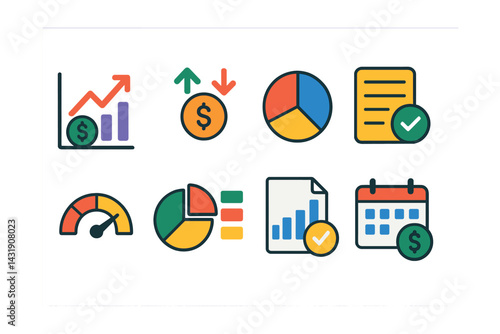 Flat vector icons of finance tracker apps: cash flow chart, income/expense icon, budget pie, daily log, financial goal meter, category spend icon, report summary, monthly balance.