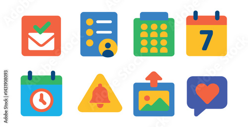 Flat vector icons of event planning apps: RSVP icon, guest list, seating chart, event countdown, schedule block, reminder alert, event photo upload, thank you message.