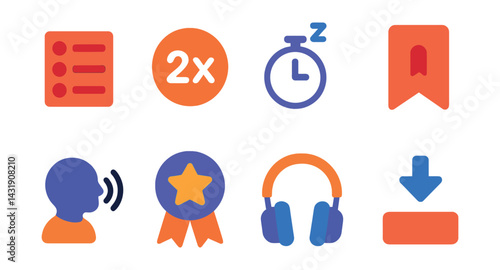 Flat vector icons of podcast and audio book apps: episode list, playback speed icon, sleep timer, audio bookmark, voice narrator icon, favorite show badge, headphone mode, offline download.