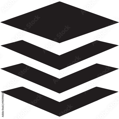 Layered design elements showcasing depth and progression, in a bold black monochrome style.