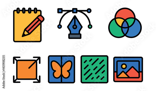 Flat vector icons of art and creativity apps: sketchpad icon, vector pen tool, color mixer, brush selector, canvas resize icon, symmetry guide, texture overlay, digital gallery.