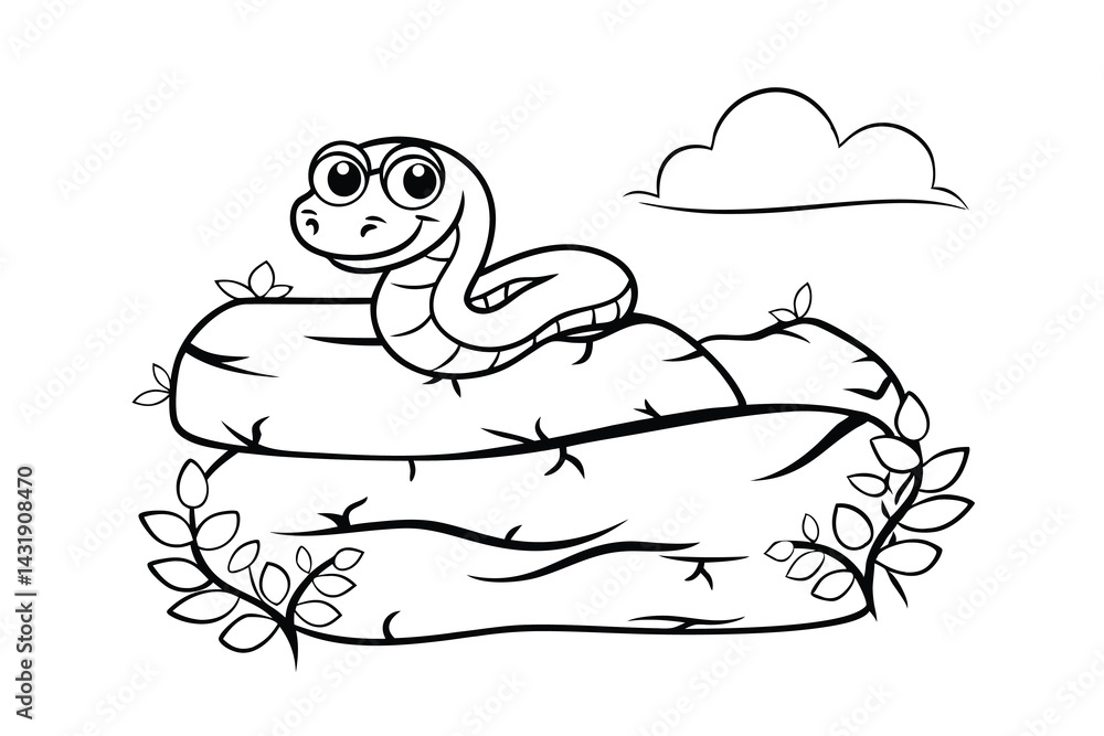 Cartoon snake lounging on rocks with cloud in black and white outline style illustration Cartoon snake lounging on rocks with cloud in black and white outline style illustration