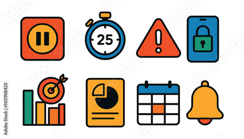 focus and time blocking apps: block session icon, timer countdown, distraction warning, app lock symbol, focus statistics, productivity report, calendar zone icon, break time alert.