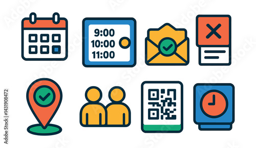 booking and reservation apps: date picker, time slot selector, confirmation email icon, cancel reservation icon, location pin with checkmark, guest count, event QR pass, booking history.