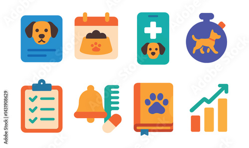 Flat vector icons of pet care apps: pet profile, feeding schedule, vet appointment, walk timer, grooming checklist, medication reminder, pet diary, training progress.