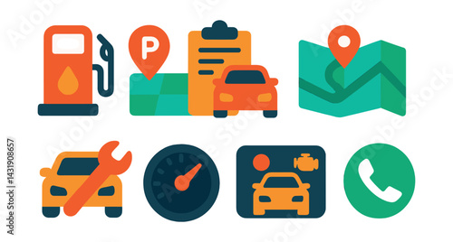 Flat vector icons of car and driving apps: fuel tracker, parking locator, mileage log, driving route, maintenance reminder, speedometer icon, car dashboard, emergency call button.
