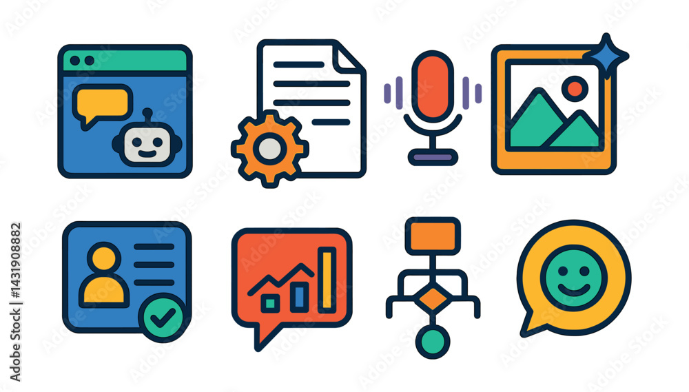 AI-powered tools apps: chatbot window, document summarizer, voice dictation icon, image enhancer, smart recommendation icon, daily insights bubble, workflow automation, sentiment analyzer. AI-powered tools apps: chatbot window, document summarizer, voice dictation icon, image enhancer, smart recommendation icon, daily insights bubble, workflow automation, sentiment analyzer.