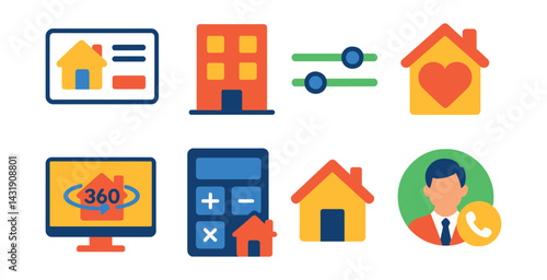 Flat vector icons of real estate and rental apps: house listing card, apartment icon, price range slider, saved properties, virtual tour icon, mortgage calculator, viewing request, agent contact icon.