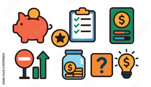 Flat vector icons of budgeting for kids apps: piggy bank icon, reward coin, chore list, allowance tracker, spending limit icon, savings goal jar, educational quiz, financial tips icon.