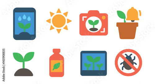 Flat vector icons of gardening and plant care apps: watering schedule, sunlight meter, plant ID camera, repotting reminder, growth stage icon, fertilization log, indoor garden icon, pest warning.